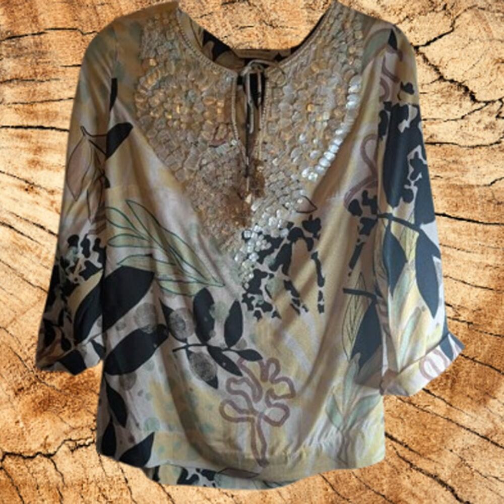 Soft Surroundings XS 3/4 sleeve shell embellishment black and yellow woman's top